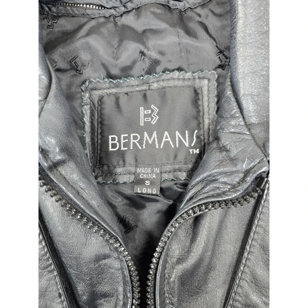 Bermans Leather Bomber Jacket Mens Small Long Black Thinsulate Removable Vintage
